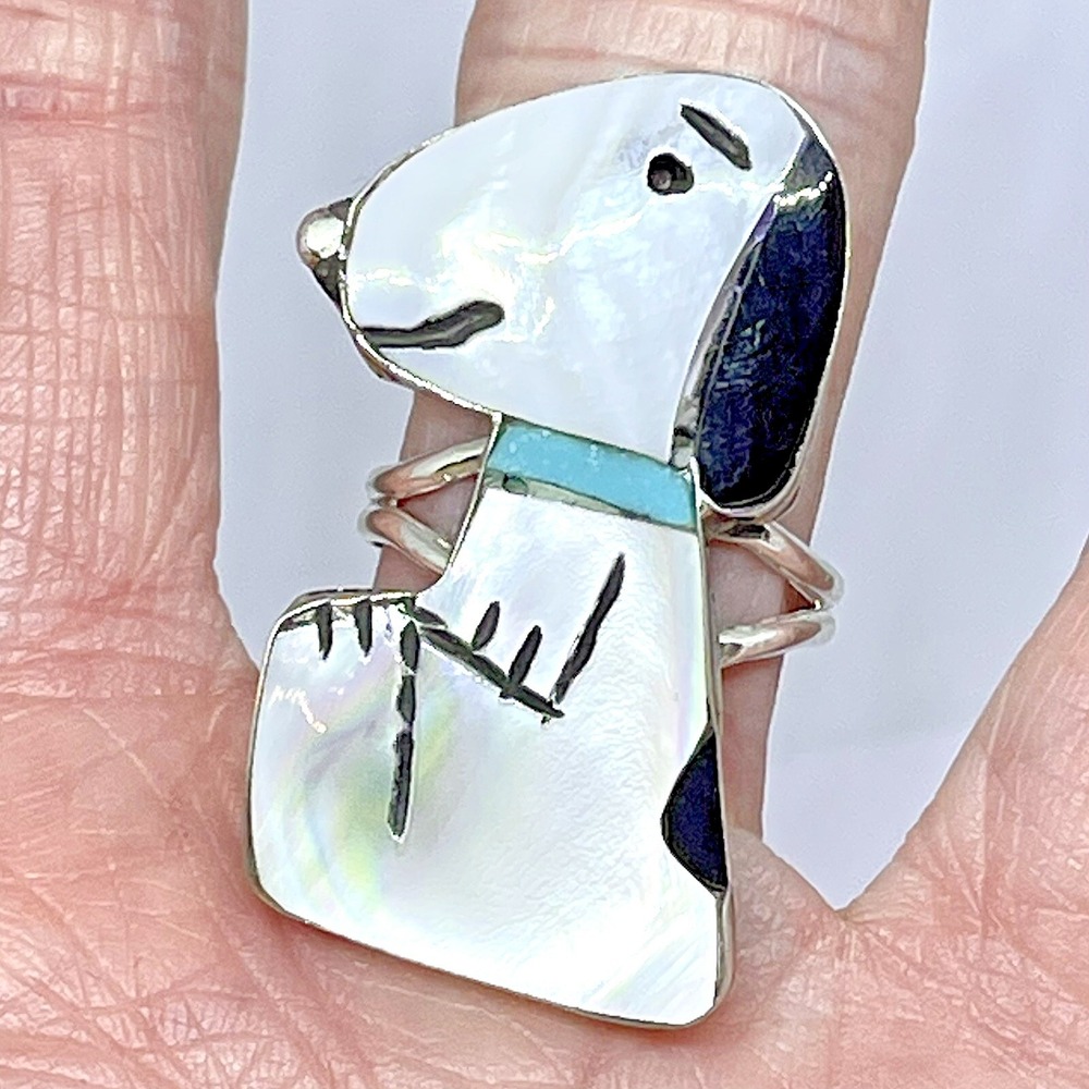 BIG Zuni Snoopy Ring Turquoise Collar Sz 5 Inlay Silver Signed Comosona Peanuts